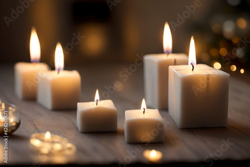 Burning candles on wooden over blurred bokeh background. AI Generated.