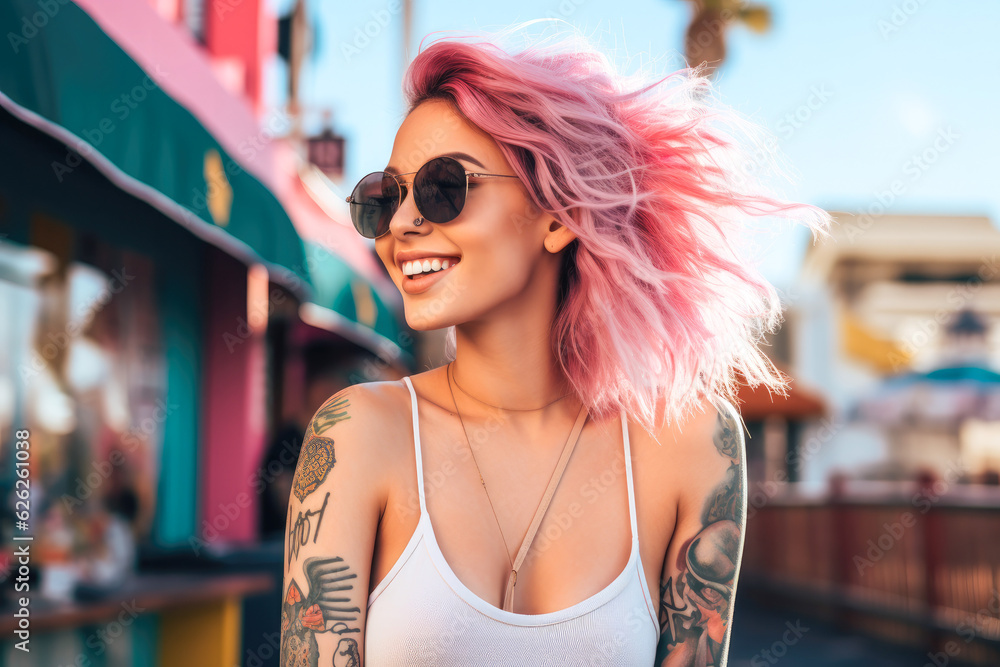Beautiful young woman with striking pink hair and tattoos. Enjoying outdoors at a lively boardwalk lined with shops and restaurants, emphasizing a carefree spirit Beautiful young woman with striking pink hair and tattoos. Enjoying outdoors at a lively boardwalk lined with shops and restaurants, emphasizing a carefree spirit