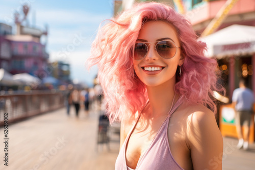 Beautiful young woman with striking pink and blonde hair. Enjoying outdoors at a lively boardwalk lined with shops and restaurants, emphasizing a carefree spirit