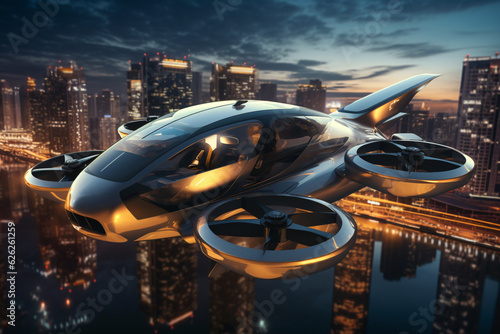 Air taxi and city view at night. Air vehicle. Personal air transport. Autonomous aerial taxi. Flying car. Urban aviation. Futuristic technology. Electric VTOL passenger aircraft. Generative AI.