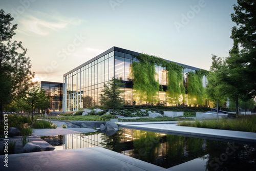 Eco-friendly building in the modern city. Sustainable glass office building with tree for reducing carbon dioxide. Office building with green environment. Corporate building reduce CO2. Generative AI.