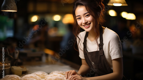 One happy beautiful confident young woman prepare bread at bakery