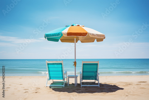 Umbrella and chair by the calm sea. Generative ai