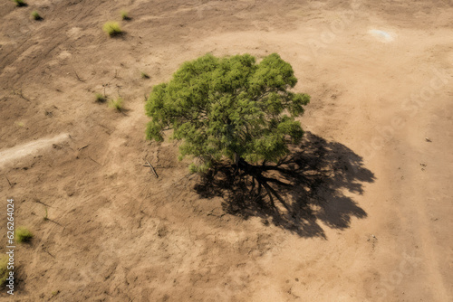 Lonely big green tree in dry wasteland. Generative ai