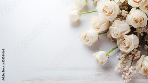 Wedding background. White roses on a white background with space for text