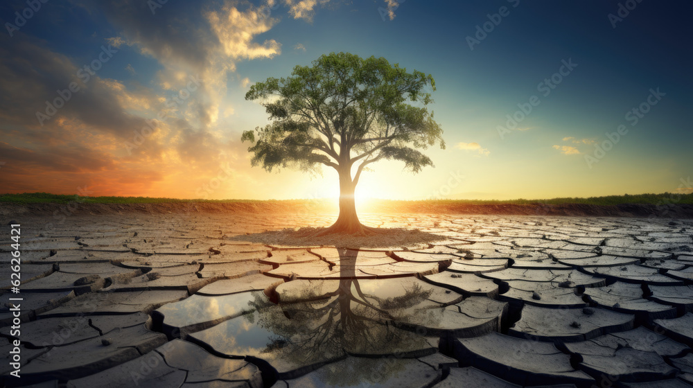 Climate change concept on sunset background. Dry soil, tree trying to green. Generative ai