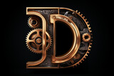 Shiny metal alphabet with gears and rivets isolated on black background, capital letter D, metallic 3D steampunk font design, creative retro abc for poster, wallpaper, movie. Generative AI.