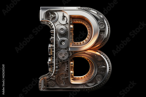 Shiny metal alphabet with gears and rivets isolated on black background, capital letter B, metallic 3D steampunk font design, creative retro abc for poster, wallpaper, movie. Generative AI. photo