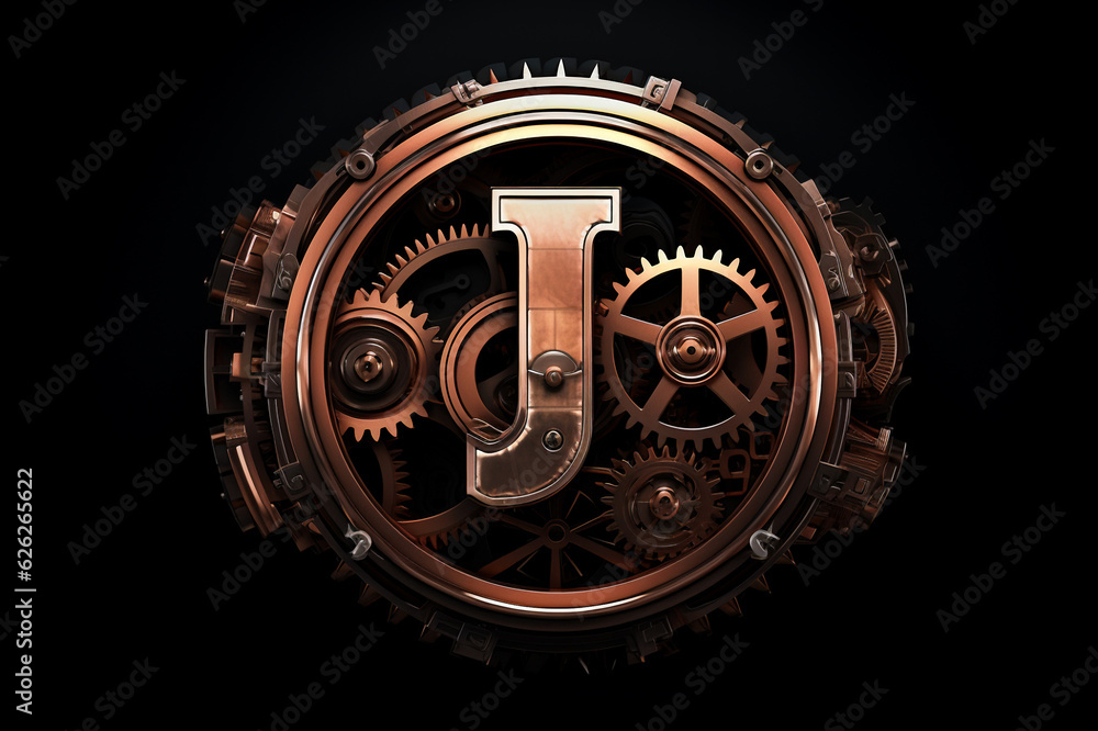 Shiny metal alphabet with gears and rivets isolated on black background, capital letter J, metallic 3D steampunk font design, creative retro abc for poster, wallpaper, movie. Generative AI.