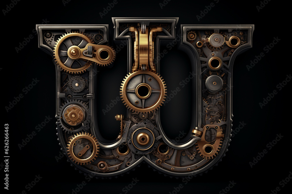 Shiny metal alphabet with gears and rivets isolated on black background, capital letter W, metallic 3D steampunk font design, creative retro abc for poster, wallpaper, movie. Generative AI. Shiny metal alphabet with gears and rivets isolated on black background, capital letter W, metallic 3D steampunk font design, creative retro abc for poster, wallpaper, movie. Generative AI.
