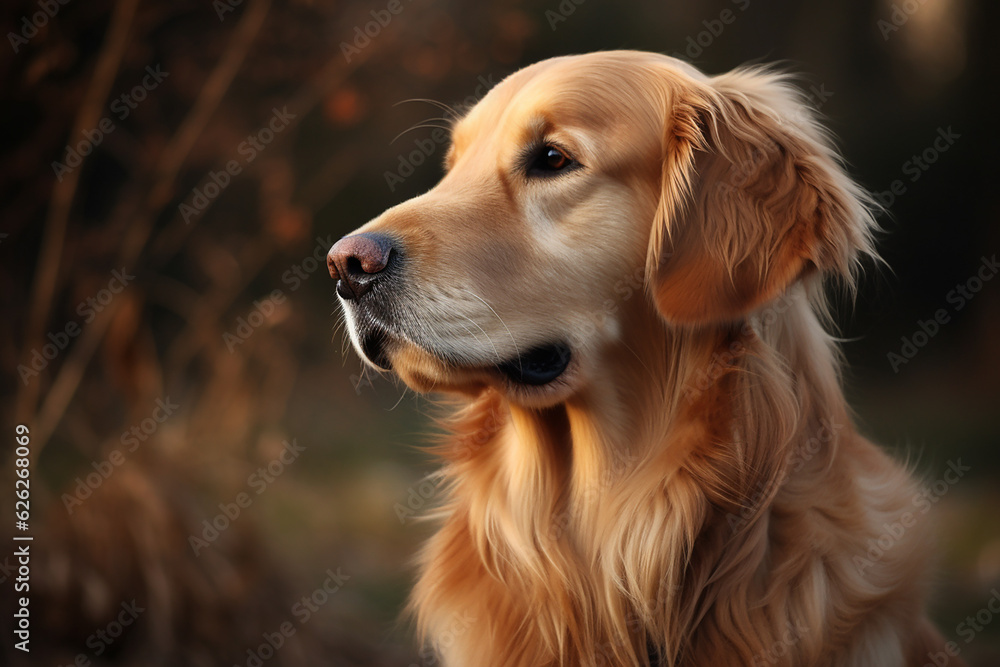 Golden retriever dog in an autumn park, closeup. Generative AI Golden retriever dog in an autumn park, closeup. Generative AI