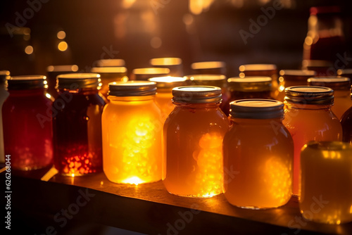 Assortment of honey at a market, backlight. Generative AI photo