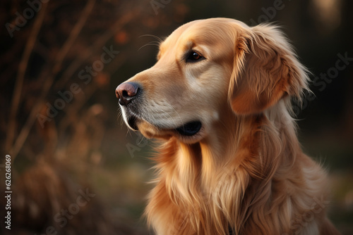 Golden retriever dog in an autumn park, closeup. Generative AI