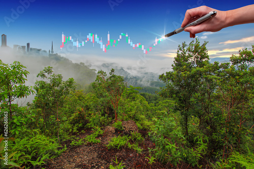 Hand drawing stock market graph on the mountain with morning fog background photo