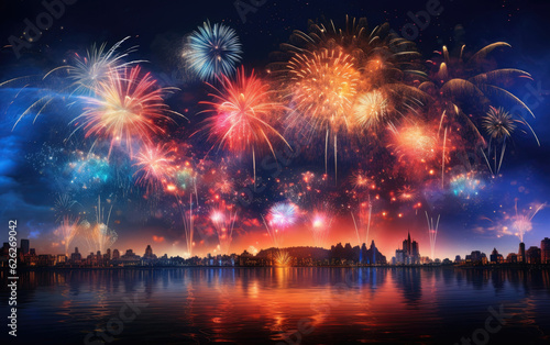 Mesmerizing celebration with fireworks over the sea that create a wonderful reflection over the water.