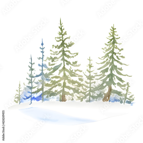 Watercolor winter forest illustration Christmas design  spruce. Nature  holiday background  conifer  snow  outdoor  snowy rural landscape. Fir or pine trees for winter
