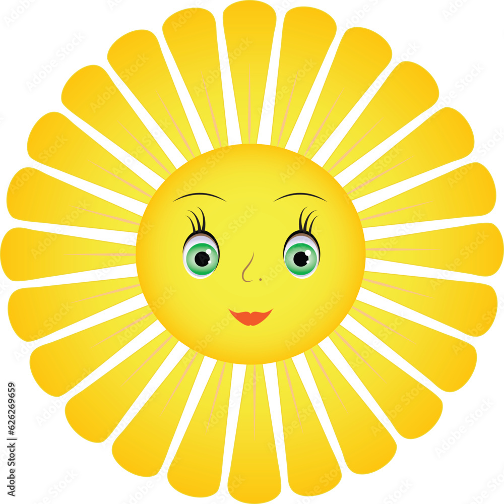 Symbol Sun with face, vector illustration. Icon of yellow sun or cartoon blooming smiling sunflower. Object white isolated background.