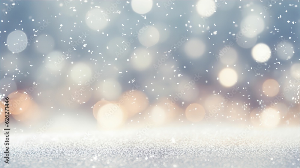 Obraz premium Winter Christmas Snow Fall Bokeh Lights Snowflakes Pastel Colour Background