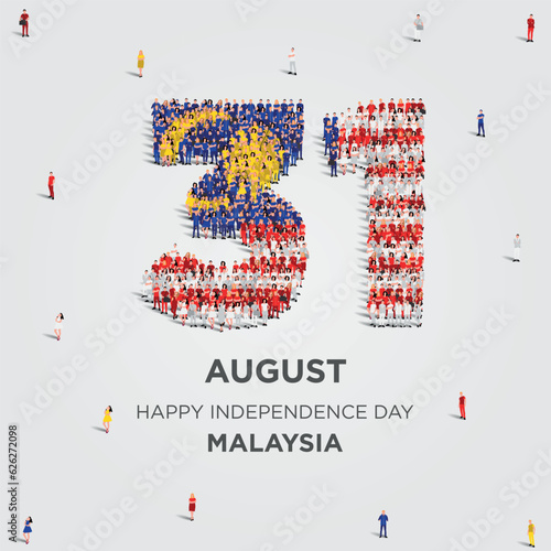 Happy Independence Day Malaysia. A large group of people form to create the number 31 as Malaysia celebrates its Independence Day on the 31st of August. Vector illustration.