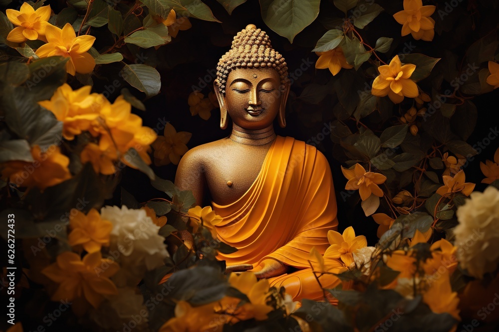 A Buddha statue surrounded by yellow flowers.Generative Ai