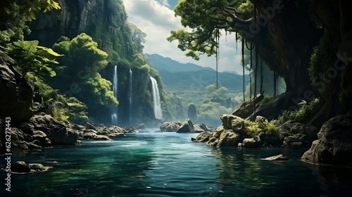 Tranquil lake or majestic waterfall view  serene