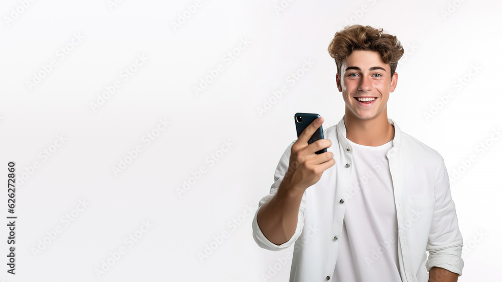 Business, success and technology concept with businessman using smartphone with copy space isolated on white. Business, success and technology concept with businessman using smartphone with copy space isolated on white.