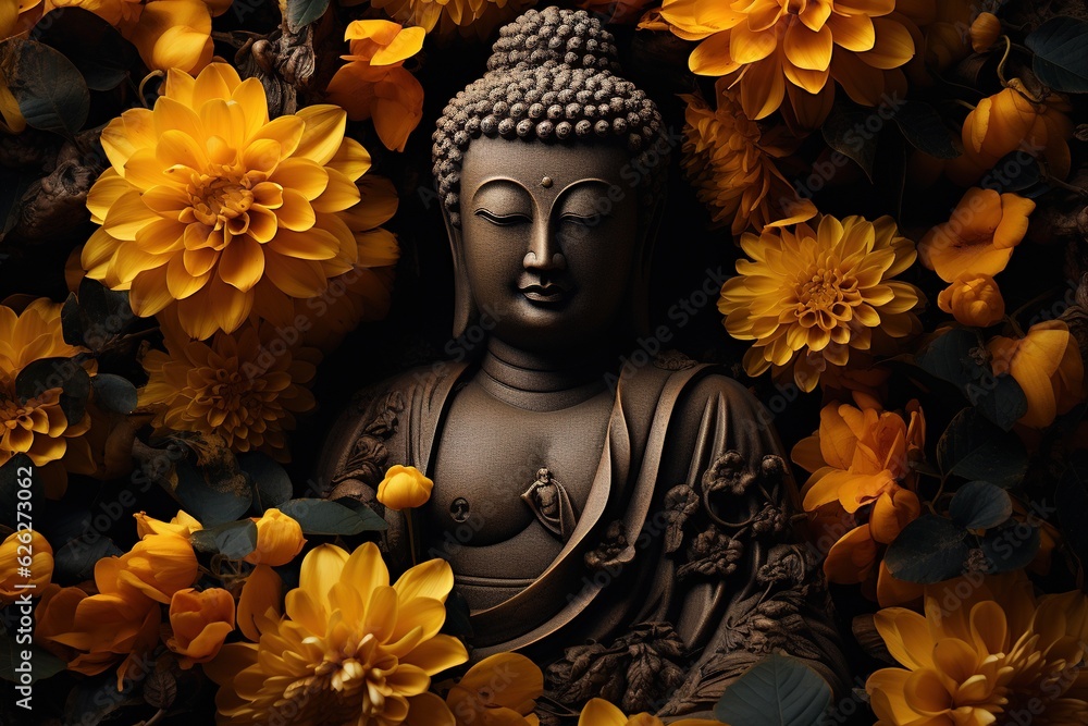 A Buddha statue surrounded by yellow flowers.Generative Ai