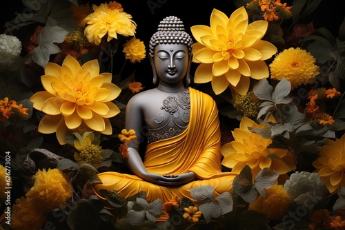 A Buddha statue surrounded by yellow flowers.Generative Ai
