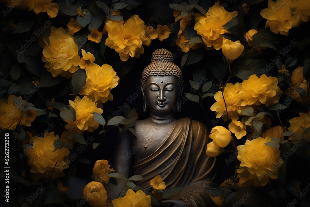 A Buddha statue surrounded by yellow flowers.Generative Ai