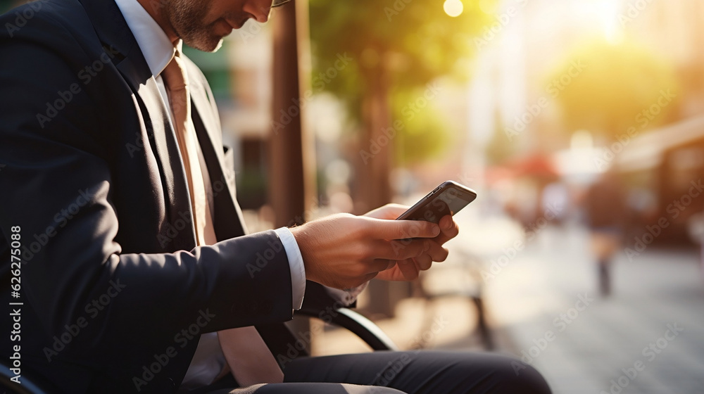 Fototapeta premium Male businessman holding phone in hands new quality universal colorful technology stock illustration image design, generative ai