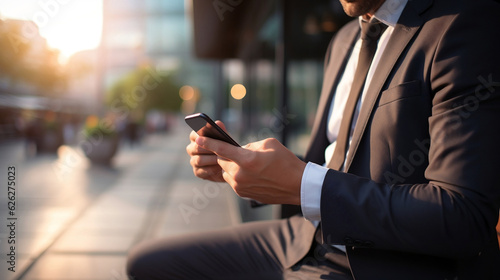 Male businessman holding phone in hands new quality universal colorful technology stock illustration image design, generative ai