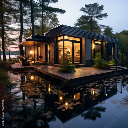 Modern Gray Slate Glass Home by Lake