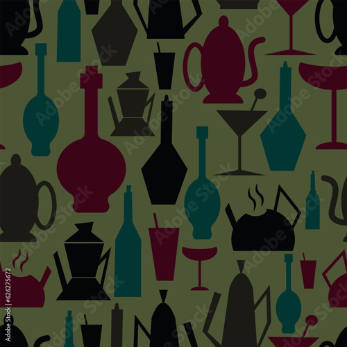 seamless pattern with vintage colored kitchen utensil shapes and one color backgound