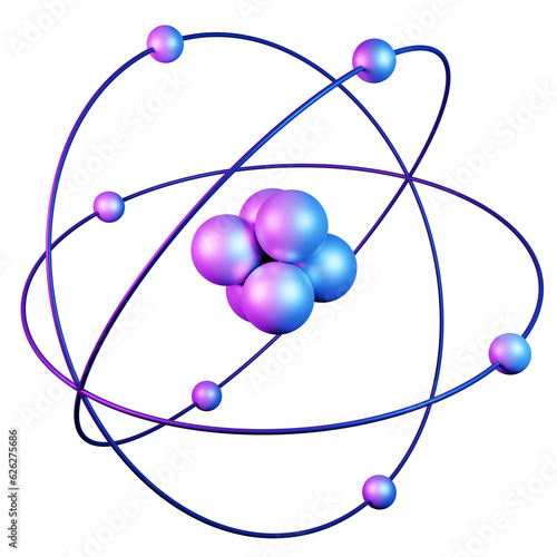 3D illustration model of an atom with nucleus, electrons, protons and neutrons orbiting in a circular path, isolated on white or transparent background 