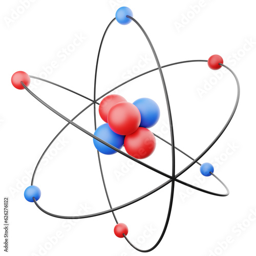 3D illustration model of an atom with nucleus, electrons, protons and neutrons orbiting in a circular path, isolated on white or transparent background
 photo