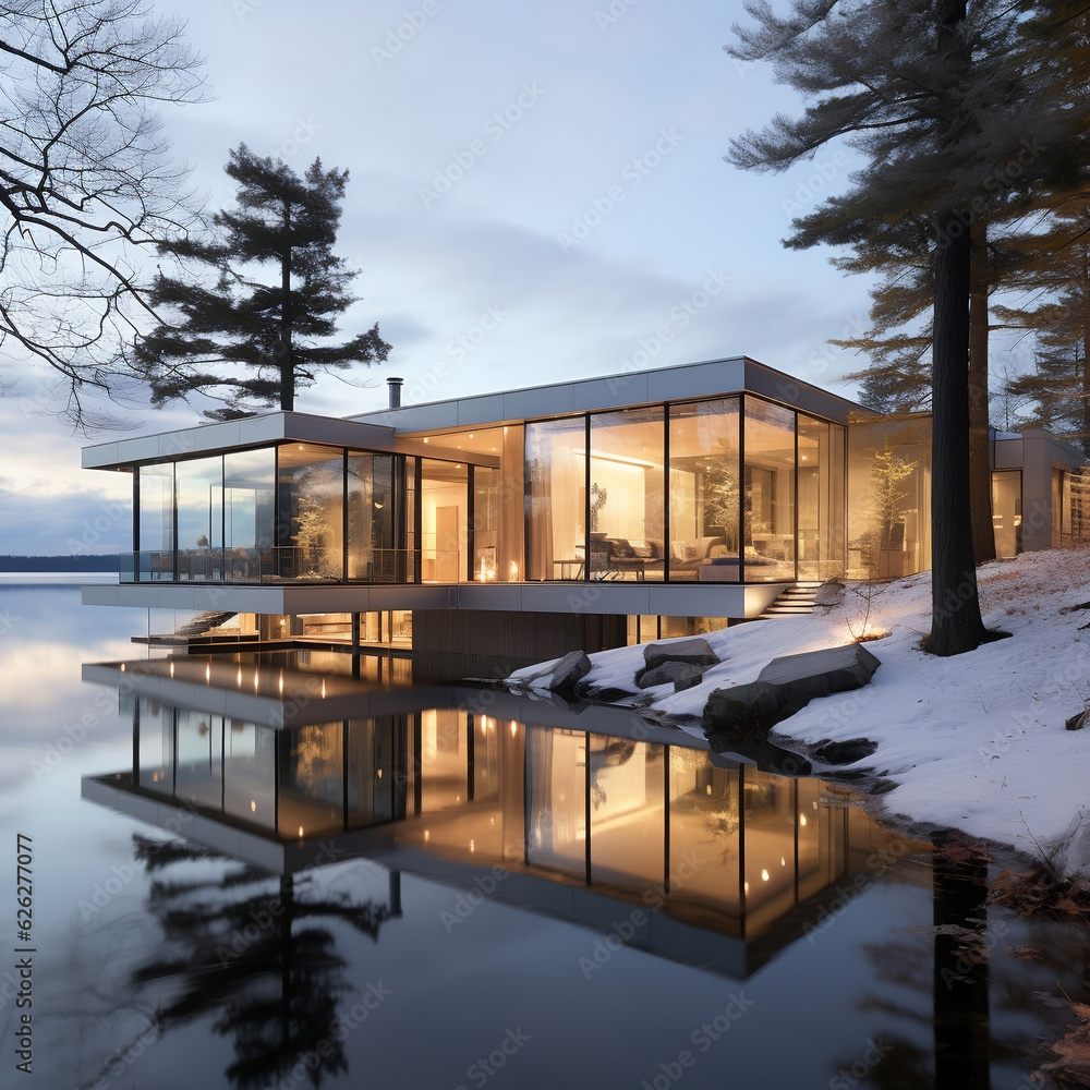 Obraz premium Modern White Tiny Home Winter Lakeview