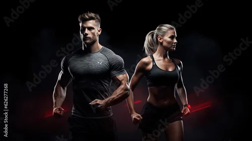Fototapeta samoprzylepna Athletic man and woman on black background wearing in the sportswear, fitness and sport motivation. 