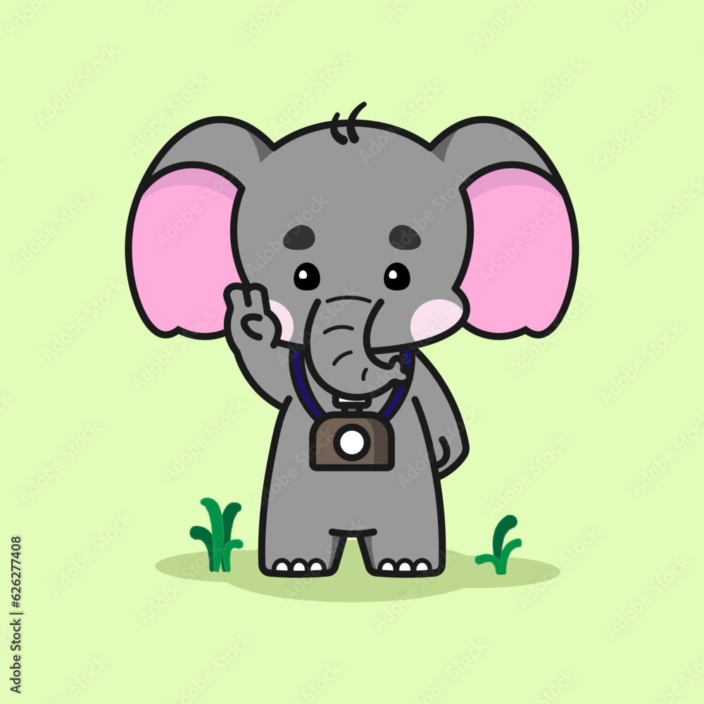 Fototapeta premium Cute elephant with a camera is making a V sign. Cute elephant cartoon illustration isolated in green background. Fit for mascot, children's book, icon, t-shirt design, etc.