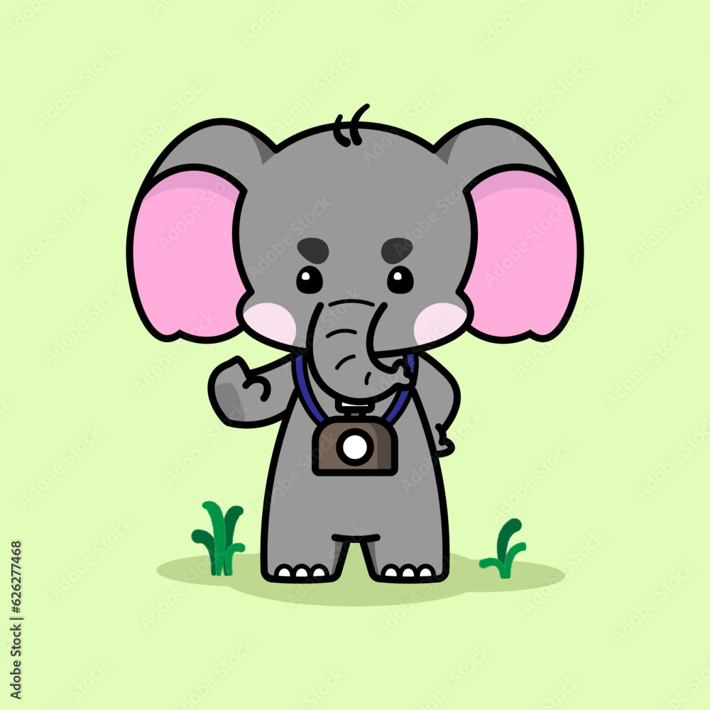 Fototapeta premium Cute elephant with a camera is feeling angry and giving a stop sign. Cute elephant cartoon illustration isolated in green background. . Fit for mascot, children's book, icon, t-shirt design, etc.