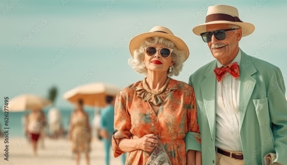 An elderly lovely couple happily walks along the beach dressed in a retro outfit. The concept of a happy senior life and exploring the world. Generative Ai, Ai.