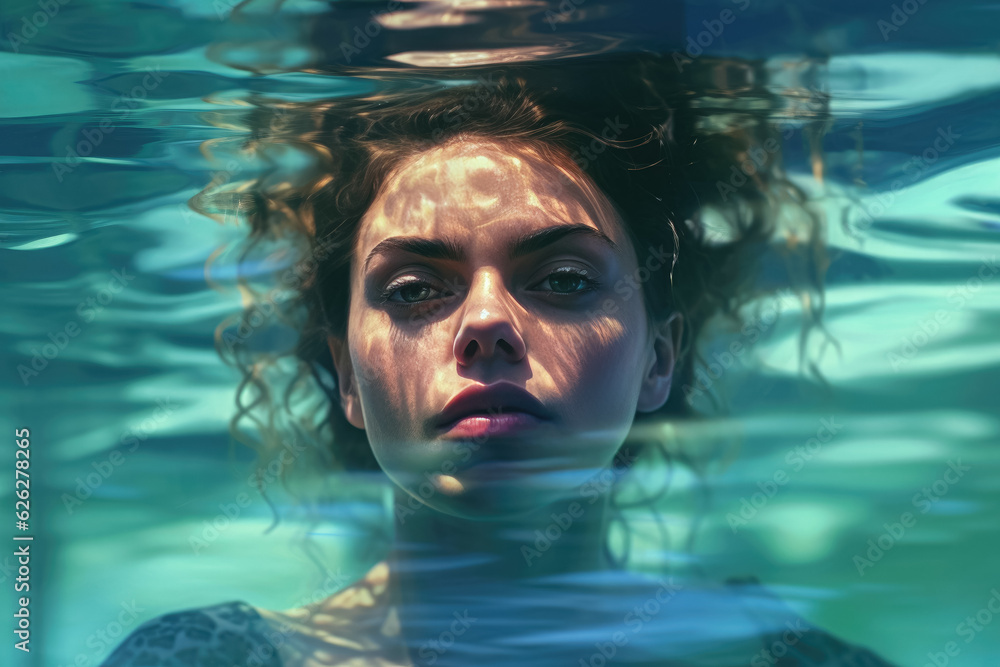 Naklejka premium A dreamy portrait captures a woman submerged inside a pool, creating an ethereal and serene atmosphere. Generative Ai, Ai.