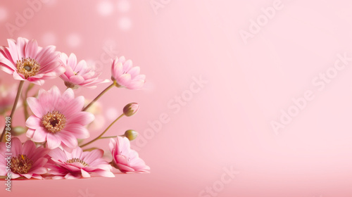 Banner with pink flowers on blurred background. Postcard with copy space. Generative AI © Odin