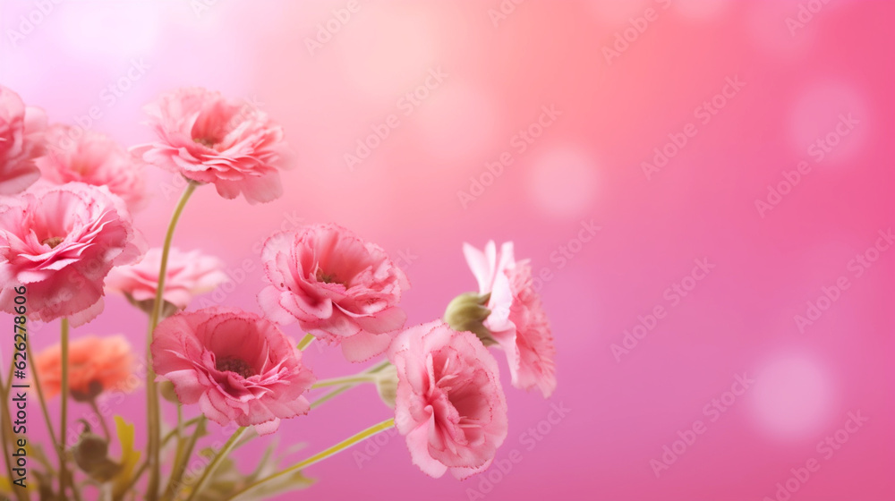 Banner with pink flowers on blurred background. Postcard with copy space. Generative AI