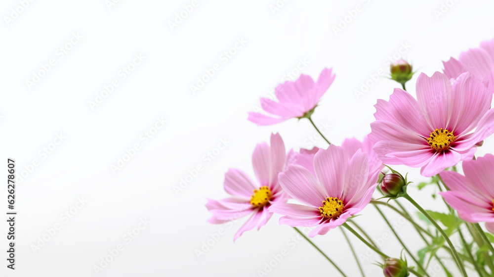 Banner with flowers on white background. Border, card. Postcard with copy space. Generative AI