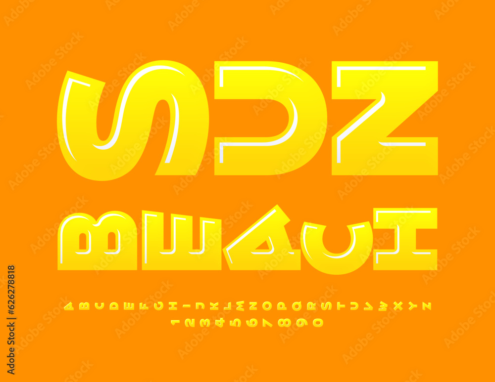 Vector modern Card Sun Beach. Yellow Rotated Font. Glossy Alphabet Letters and Numbers set