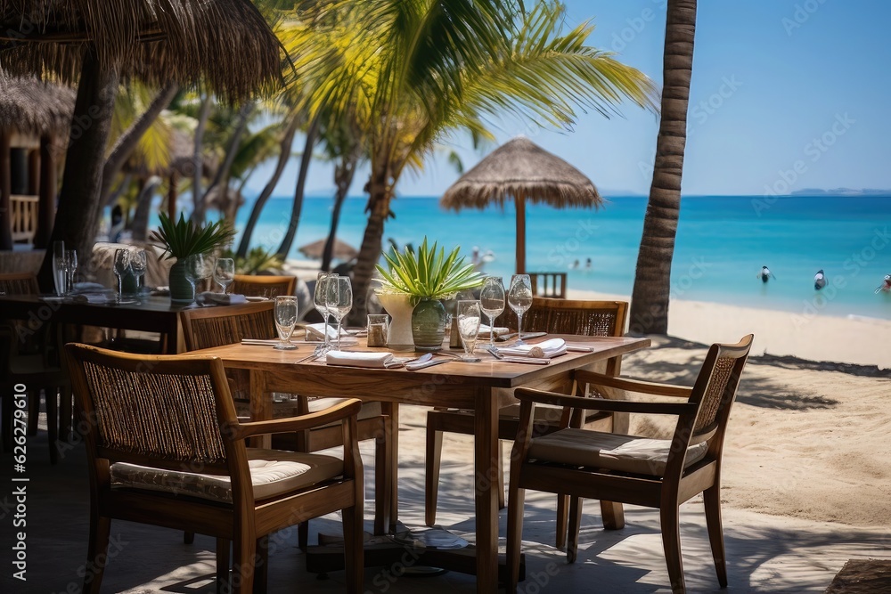 Restaurant on a tropical beach. Table and chairs on the sand