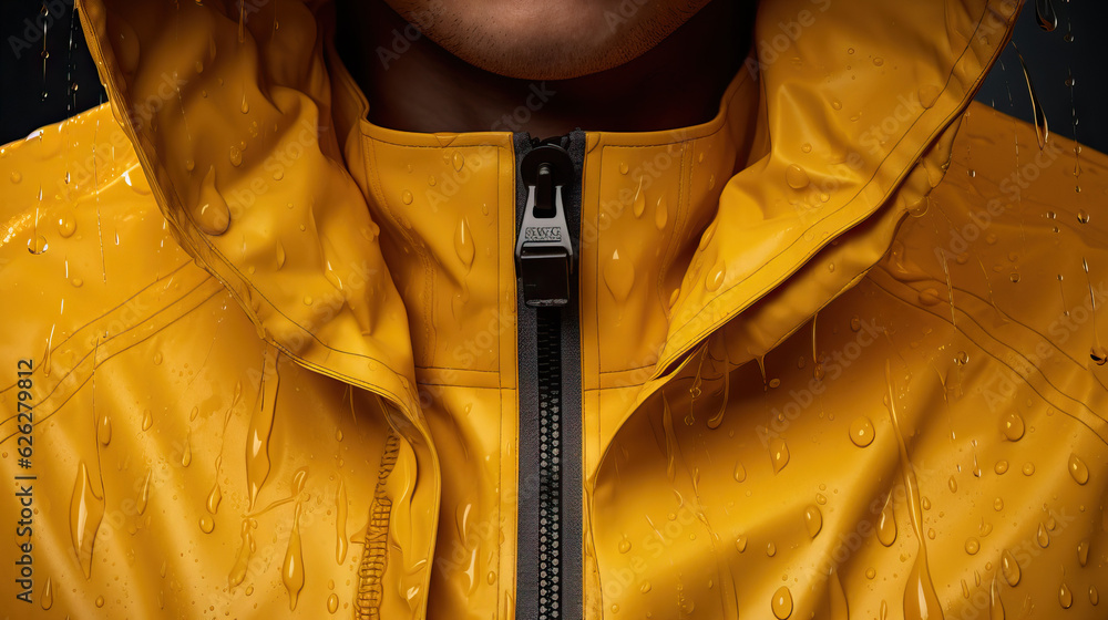 Close Up of Wet Yellow Raincoat Collar Zipped up Rainy