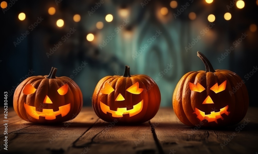 Fototapeta premium A spooky with a haunted evil glowing eyes of Jack O' Lanterns, scary halloween night