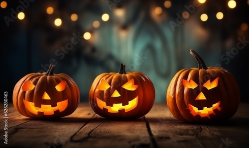 A spooky with a haunted evil glowing eyes of Jack O' Lanterns, scary halloween night © Patrick