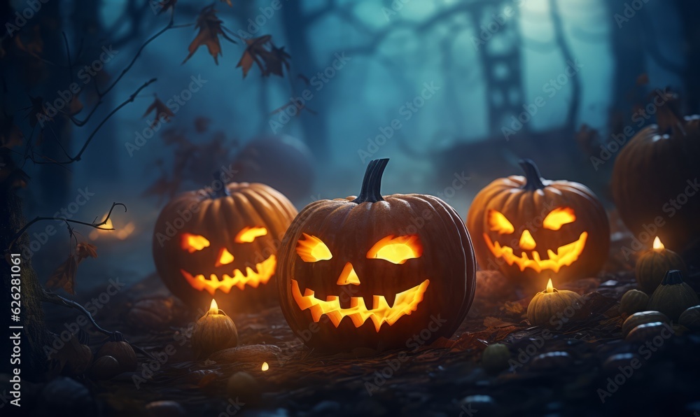 Scary halloween pumpkinin in forest in a halloween night Scary halloween pumpkinin in forest in a halloween night